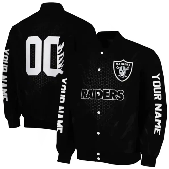 customized las vegas raiders hexagon mesh black varsity jacket fashion forward