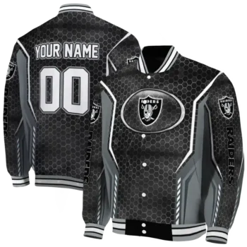 customized las vegas raiders power plate black varsity jacket fashion forward