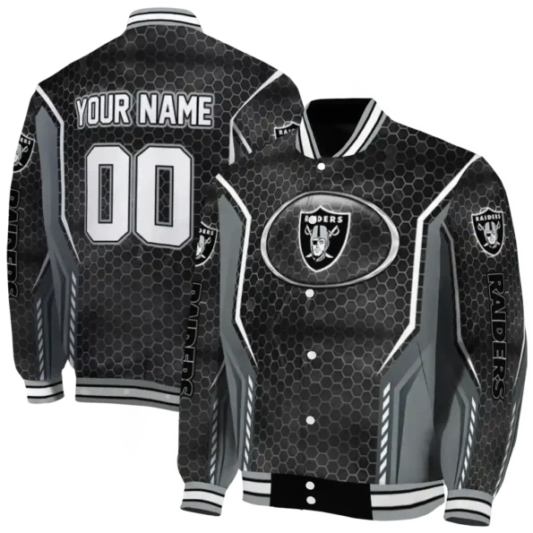customized las vegas raiders power plate black varsity jacket fashion forward