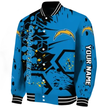 customized los angeles chargers hexagon cluster blue black varsity jacket best selling