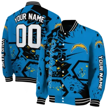 customized los angeles chargers hexagon cluster blue black varsity jacket fashion forward