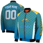 customized los angeles chargers hexagon grid blue bomber jacket best selling