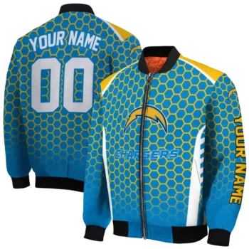 customized los angeles chargers hexagon grid blue bomber jacket fashion forward