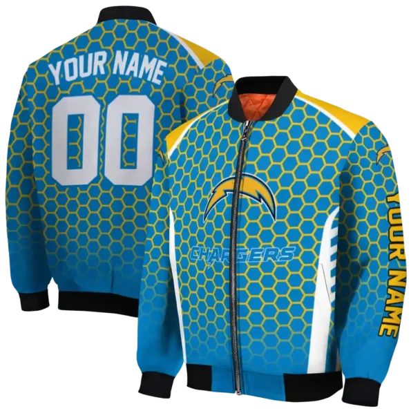 customized los angeles chargers hexagon grid blue bomber jacket fashion forward