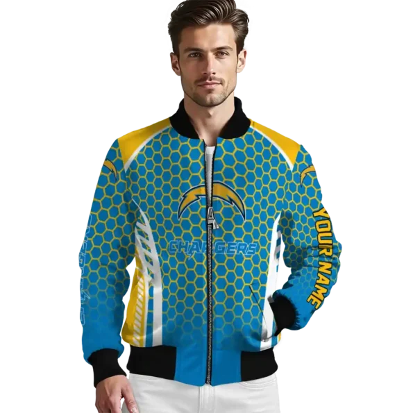 customized los angeles chargers hexagon grid blue bomber jacket high quality