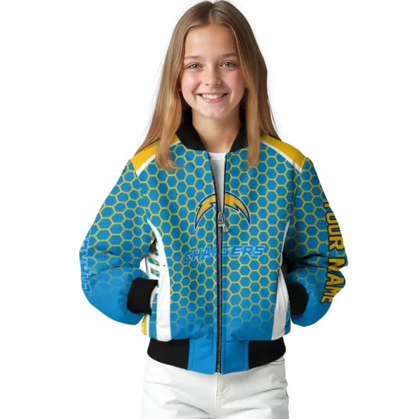 customized los angeles chargers hexagon grid blue bomber jacket top rated