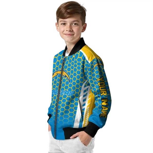 customized los angeles chargers hexagon grid blue bomber jacket trendy