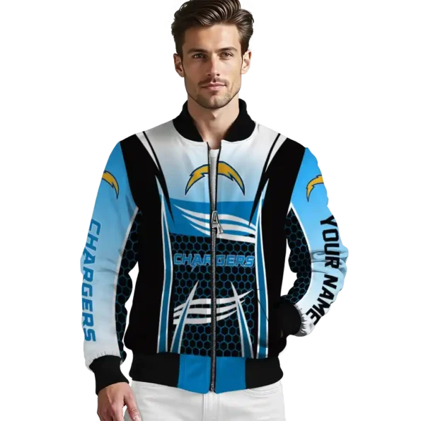 customized los angeles chargers mesh effect blue black bomber jacket high quality