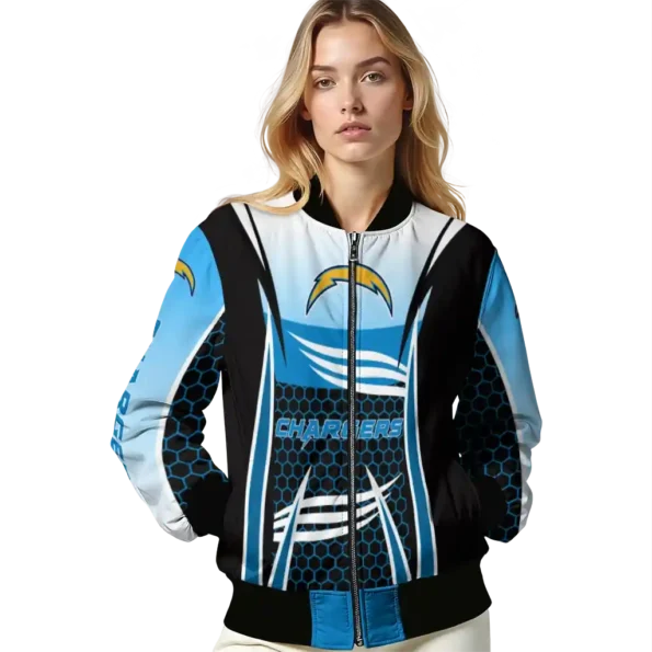 customized los angeles chargers mesh effect blue black bomber jacket latest model