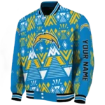 customized los angeles chargers pyramid shapes blue varsity jacket best selling