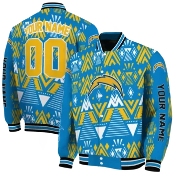 customized los angeles chargers pyramid shapes blue varsity jacket fashion forward