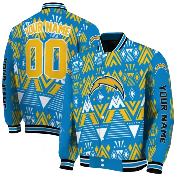customized los angeles chargers pyramid shapes blue varsity jacket fashion forward