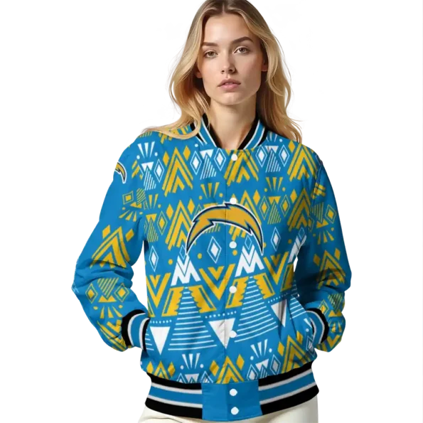 customized los angeles chargers pyramid shapes blue varsity jacket latest model