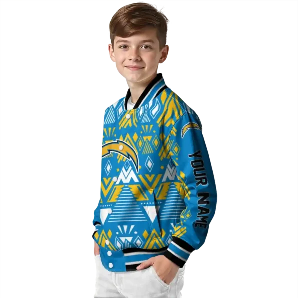 customized los angeles chargers pyramid shapes blue varsity jacket trendy