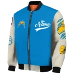 customized los angeles chargers razorback outline blue nude bomber jacket best selling