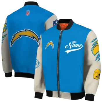 customized los angeles chargers razorback outline blue nude bomber jacket fashion forward