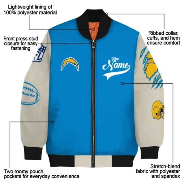 customized los angeles chargers razorback outline blue nude bomber jacket new arrival