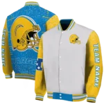 customized los angeles chargers speckled arms blue gray varsity jacket best selling