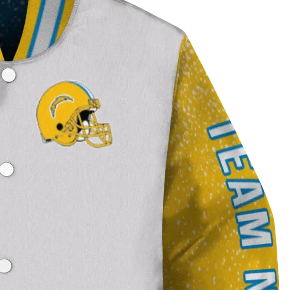 customized los angeles chargers speckled arms blue gray varsity jacket premium grade