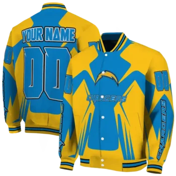 customized los angeles chargers spider mark blue gold crocs varsity jacket fashion forward