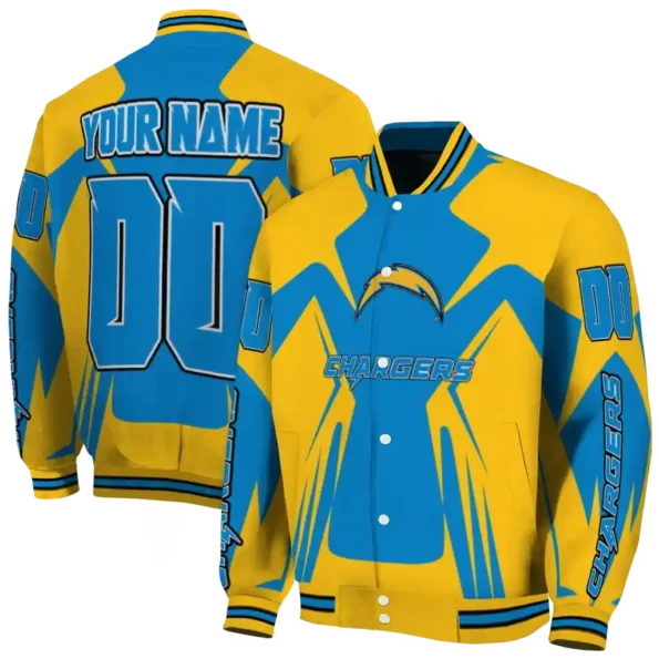customized los angeles chargers spider mark blue gold crocs varsity jacket fashion forward
