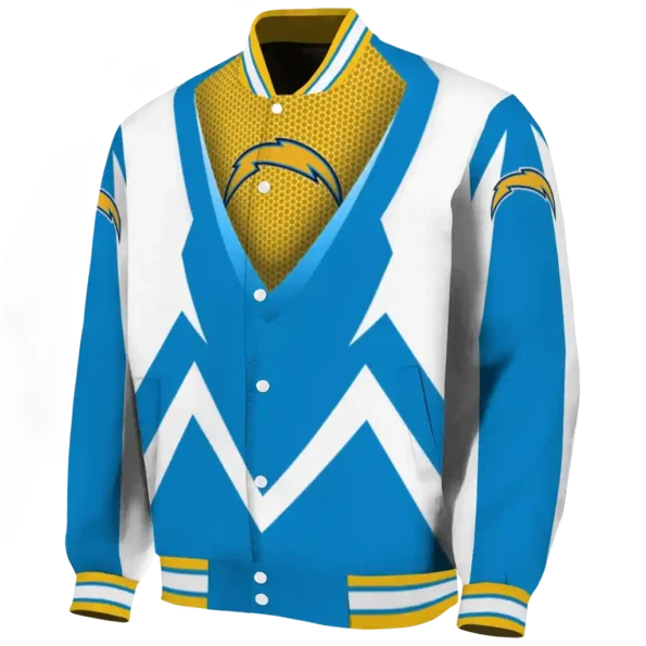 customized los angeles chargers v stripes blue white varsity jacket best selling