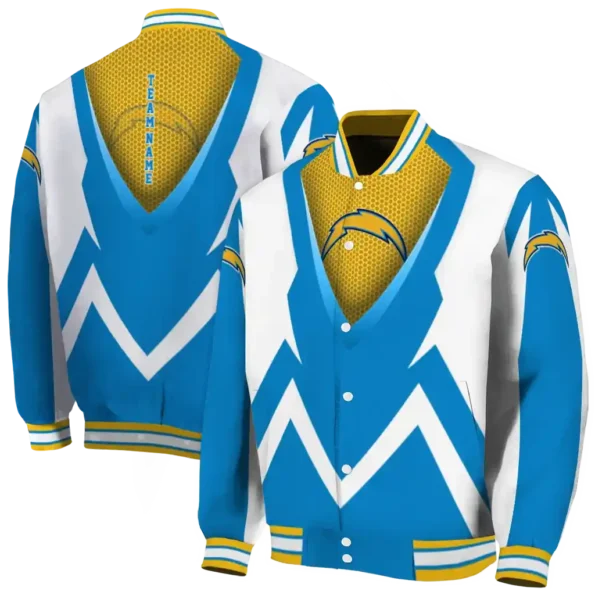 customized los angeles chargers v stripes blue white varsity jacket fashion forward