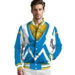 customized los angeles chargers v stripes blue white varsity jacket best selling
