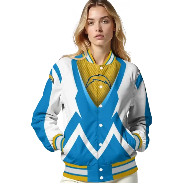 customized los angeles chargers v stripes blue white varsity jacket latest model
