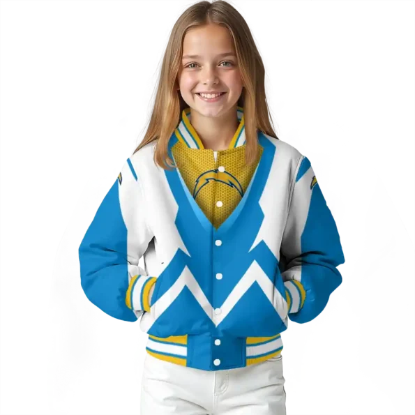 customized los angeles chargers v stripes blue white varsity jacket top rated