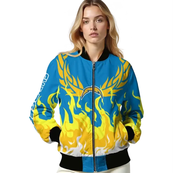 customized los angeles chargers winged blaze blue white bomber jacket latest model