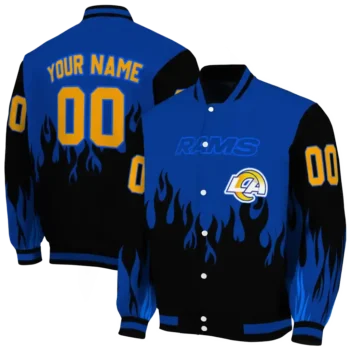 customized los angeles rams flame border blue black varsity jacket fashion forward
