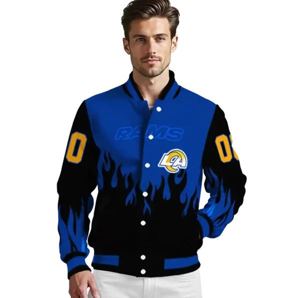 customized los angeles rams flame border blue black varsity jacket high quality