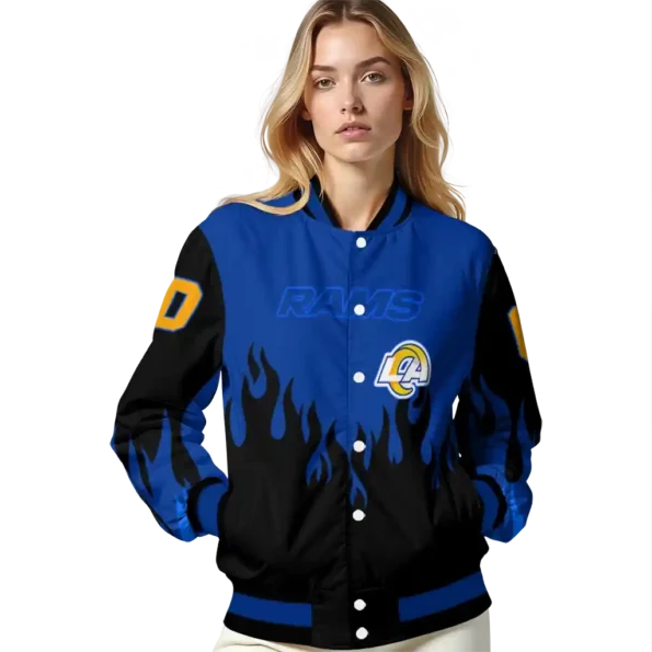 customized los angeles rams flame border blue black varsity jacket latest model