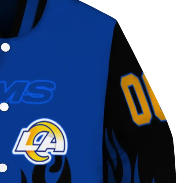 customized los angeles rams flame border blue black varsity jacket premium grade