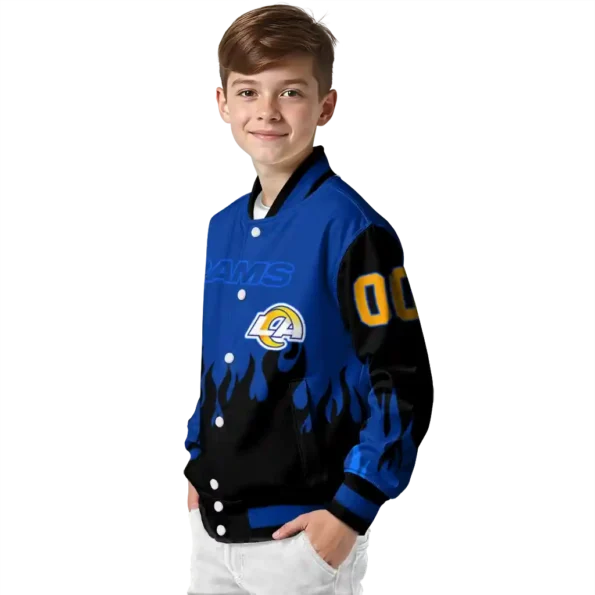 customized los angeles rams flame border blue black varsity jacket trendy