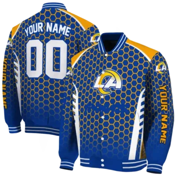 customized los angeles rams hexagon grid blue varsity jacket fashion forward