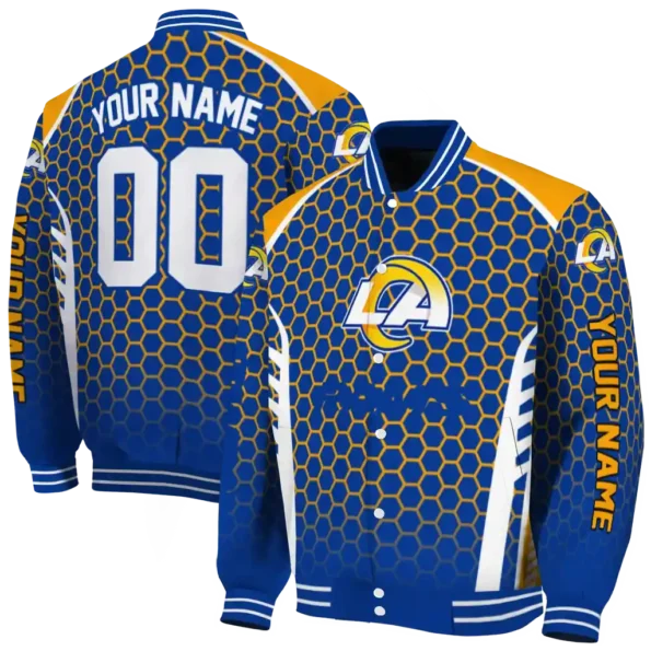 customized los angeles rams hexagon grid blue varsity jacket fashion forward