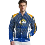 customized los angeles rams hexagon grid blue varsity jacket best selling