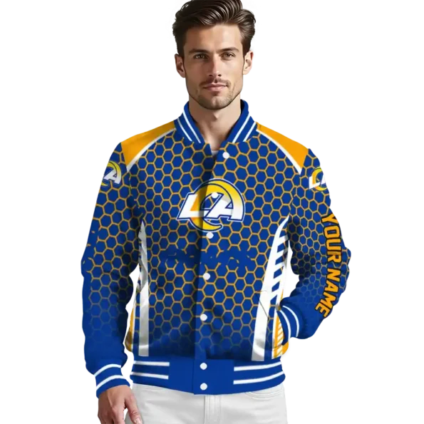 customized los angeles rams hexagon grid blue varsity jacket high quality