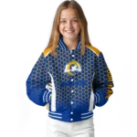 customized los angeles rams hexagon grid blue varsity jacket best selling