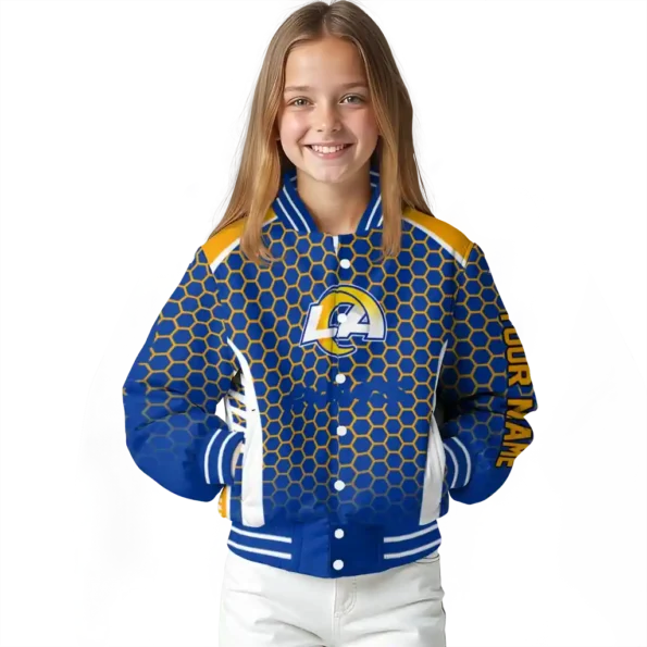 customized los angeles rams hexagon grid blue varsity jacket top rated
