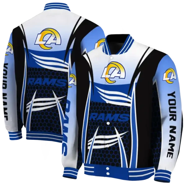 customized los angeles rams mesh effect blue black varsity jacket fashion forward