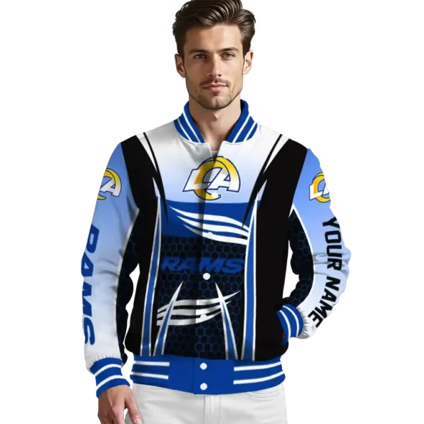 customized los angeles rams mesh effect blue black varsity jacket high quality