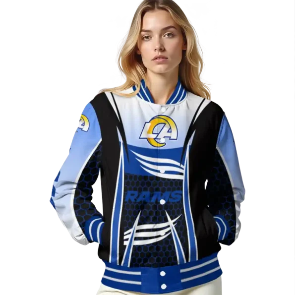 customized los angeles rams mesh effect blue black varsity jacket latest model