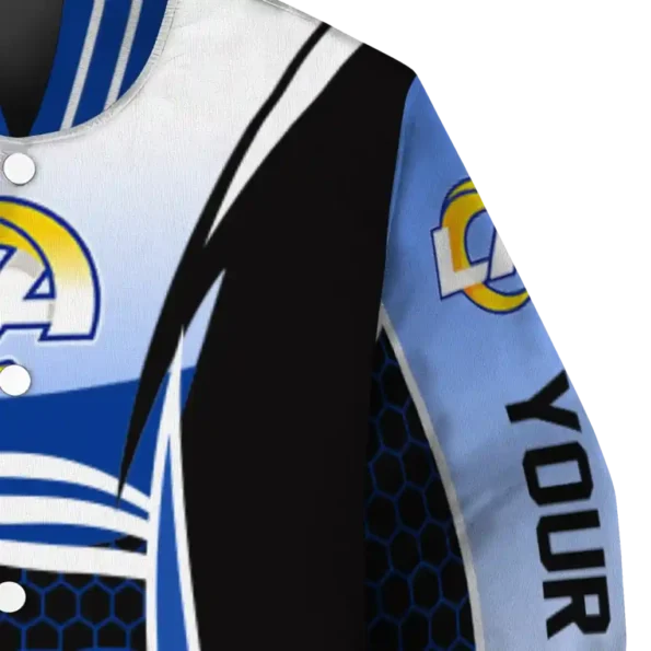 customized los angeles rams mesh effect blue black varsity jacket premium grade