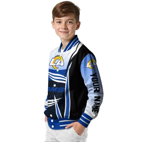 customized los angeles rams mesh effect blue black varsity jacket trendy