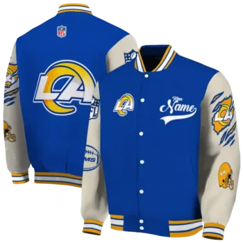 customized los angeles rams razorback outline blue nude varsity jacket fashion forward