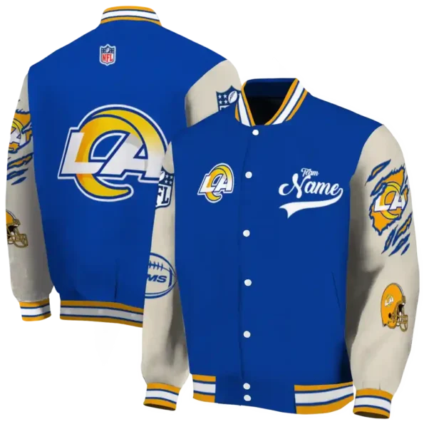customized los angeles rams razorback outline blue nude varsity jacket fashion forward