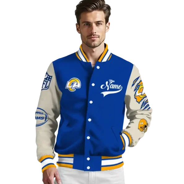 customized los angeles rams razorback outline blue nude varsity jacket high quality